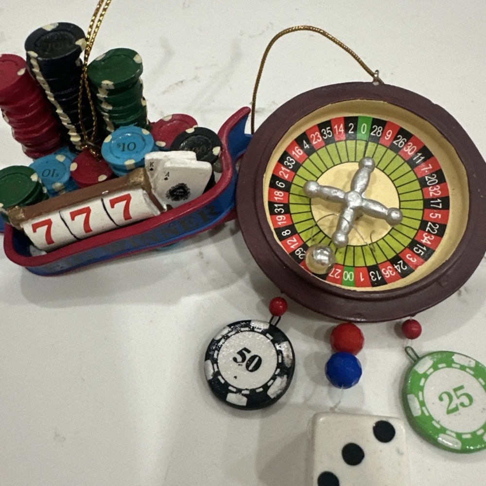 Casino Christmas Ornaments Set Of 2 Roulette Poker Cards Chips Dice